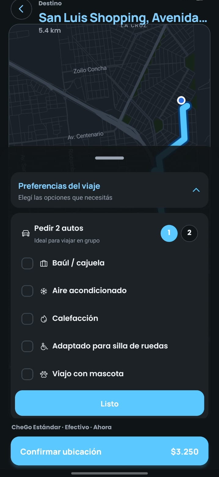 Pasajero eligiendo categoría y filtros